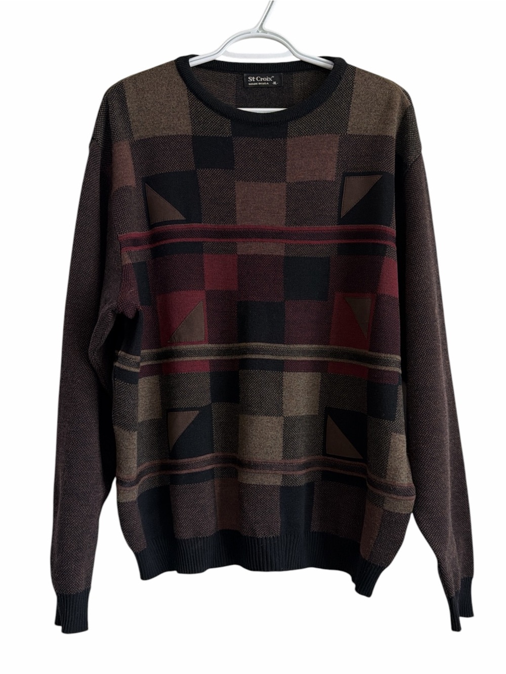 St. Croix Vintage Men's Brown Plaid Crewneck Fall Sweater 100% Wool Size XL